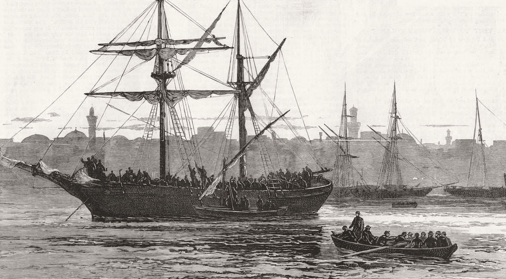 EGYPT. Refugees boarding a native coaster post rising at Alexandria 1882 print